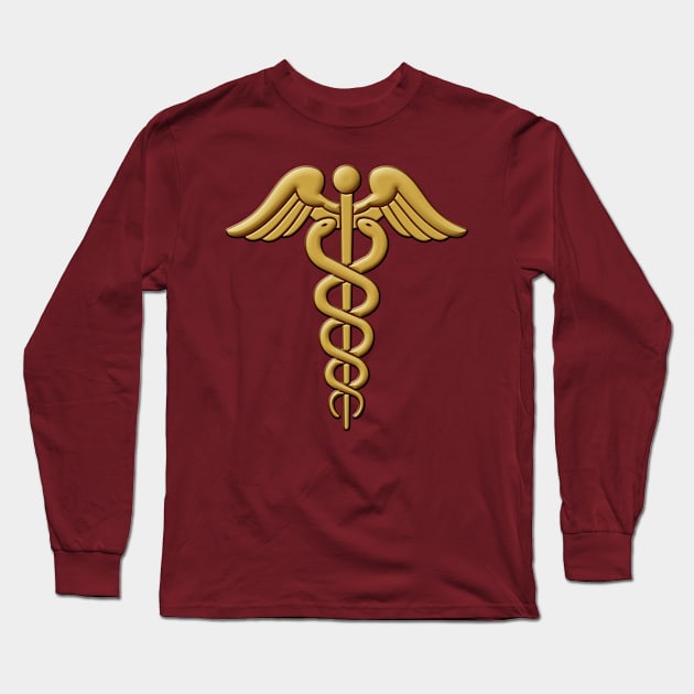 Golden Double Snake Caduceus Long Sleeve T-Shirt by sifis